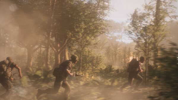 A squad moving through jungle cover with a helicopter visible overhead